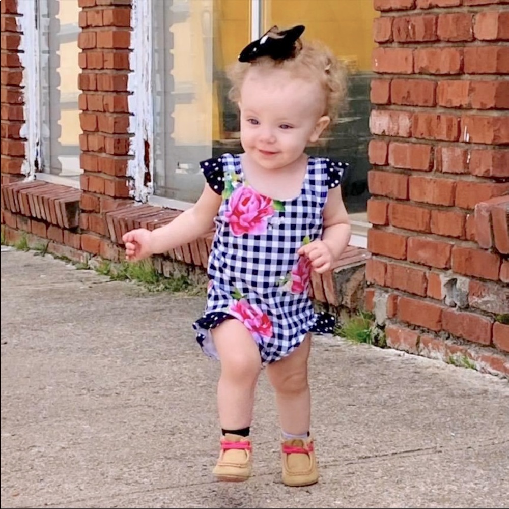 Picnic checker with pink roses bathing suit